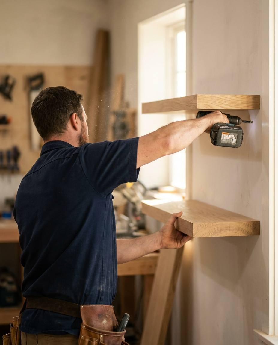 Skilled craftsman installing custom shelving