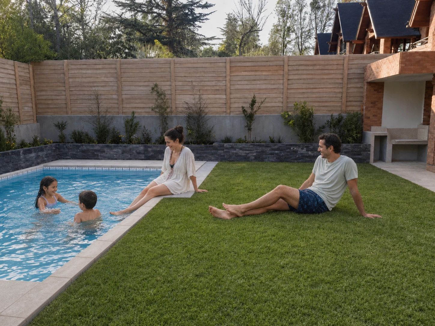 Familia disfrutando una piscina construida para su hogar