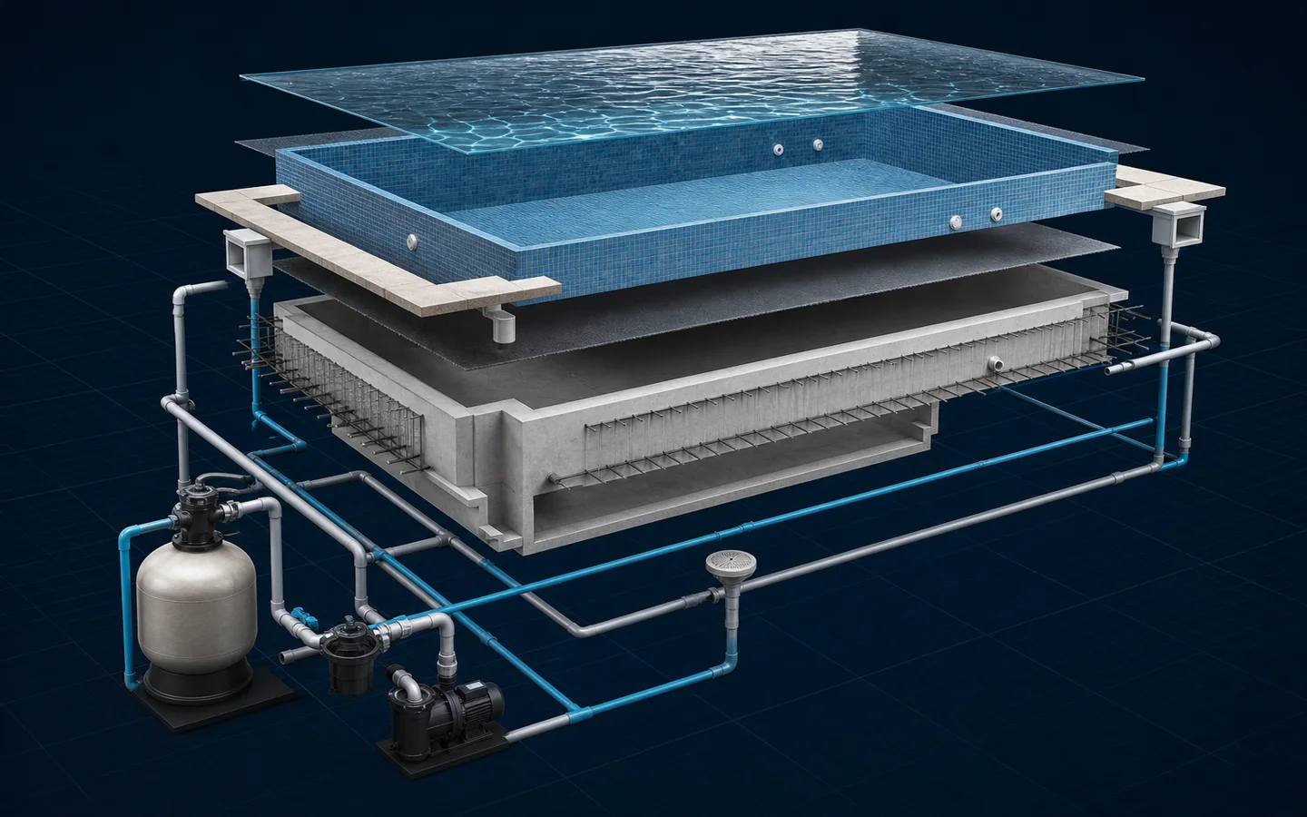 Visualización tridimensional de la estructura y los sistemas de una piscina