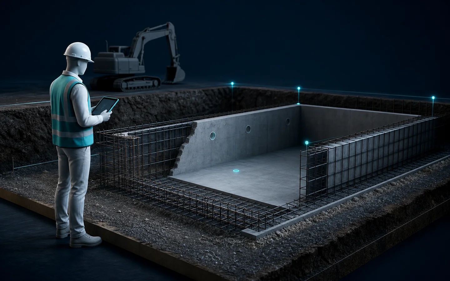 Modelo tridimensional de un constructor supervisando la estructura de una piscina