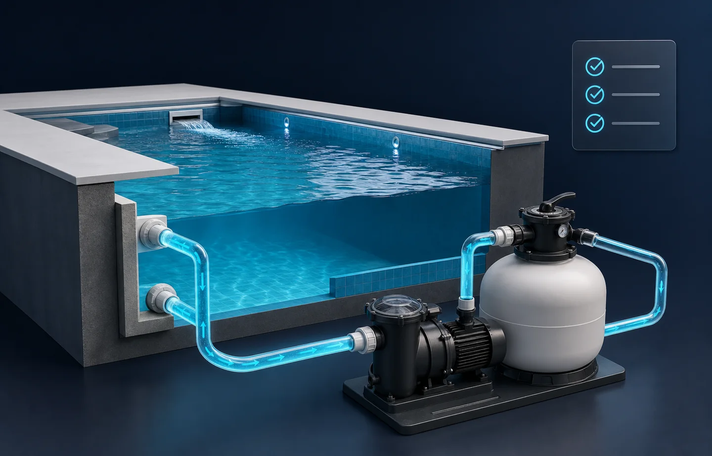 Visualización técnica del sistema de filtración y puesta en marcha de una piscina